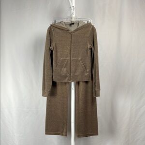 Heathered Natural Brown Velour Track Suit Zip Up Hoodie Flare Pants Juniors S